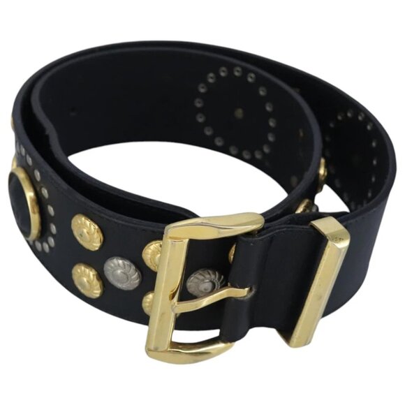Gianni Versace Belt Leather metal Black Gold Silver Auth ac3322